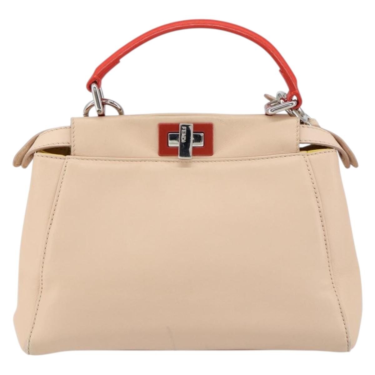 FENDI Mini Peek A Boo Hand Bag Leather 2way Beige Silver Auth ka505