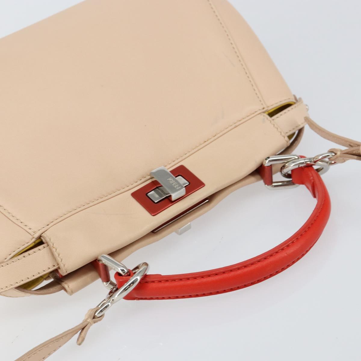 FENDI Mini Peek A Boo Hand Bag Leather 2way Beige Silver Auth ka505