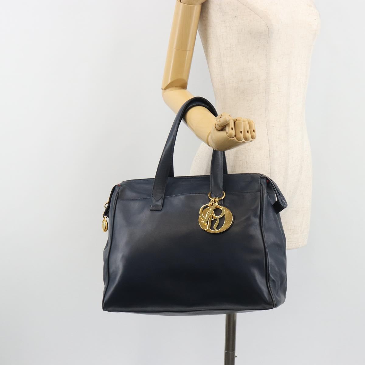 Christian Dior Hand Bag Leather Navy Gold Auth ka5060A
