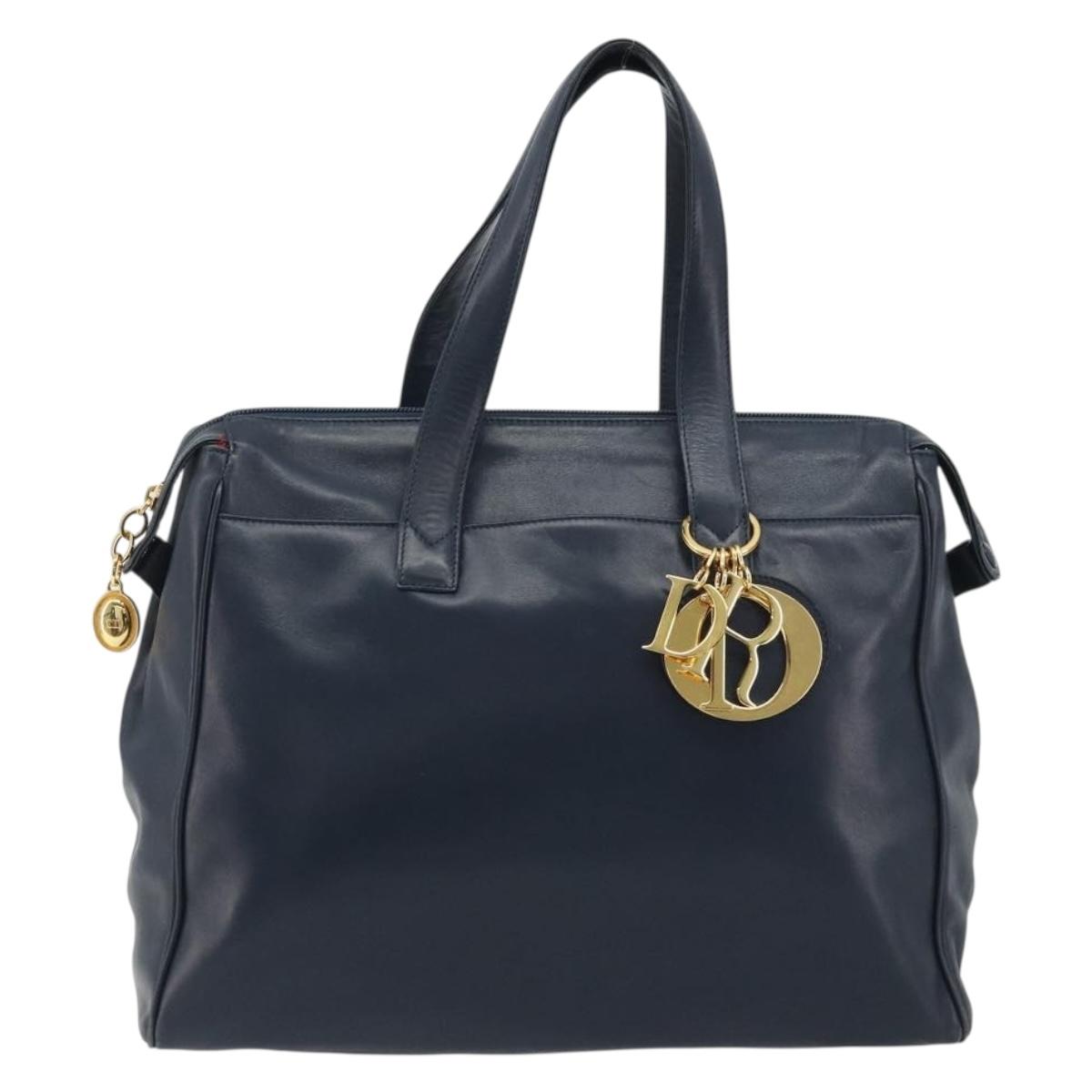 Christian Dior Hand Bag Leather Navy Gold Auth ka5060A