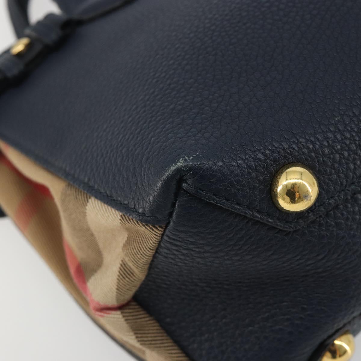 BURBERRY Hand Bag Leather 2way Navy Gold Auth ka5063A