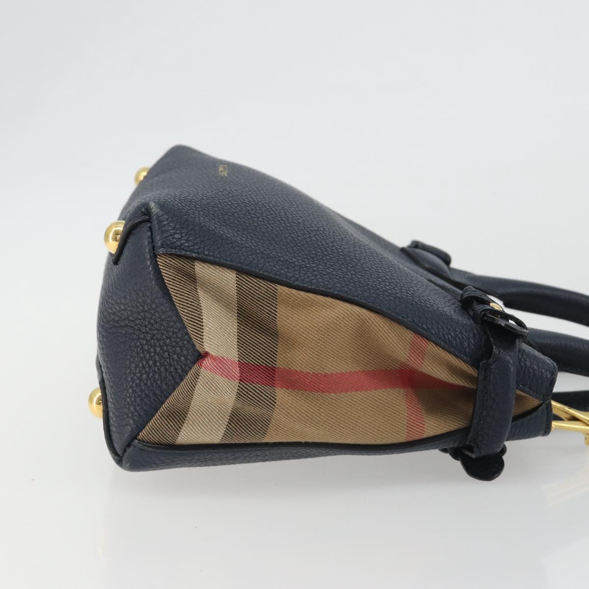 BURBERRY Hand Bag Leather 2way Navy Gold Auth ka5063A