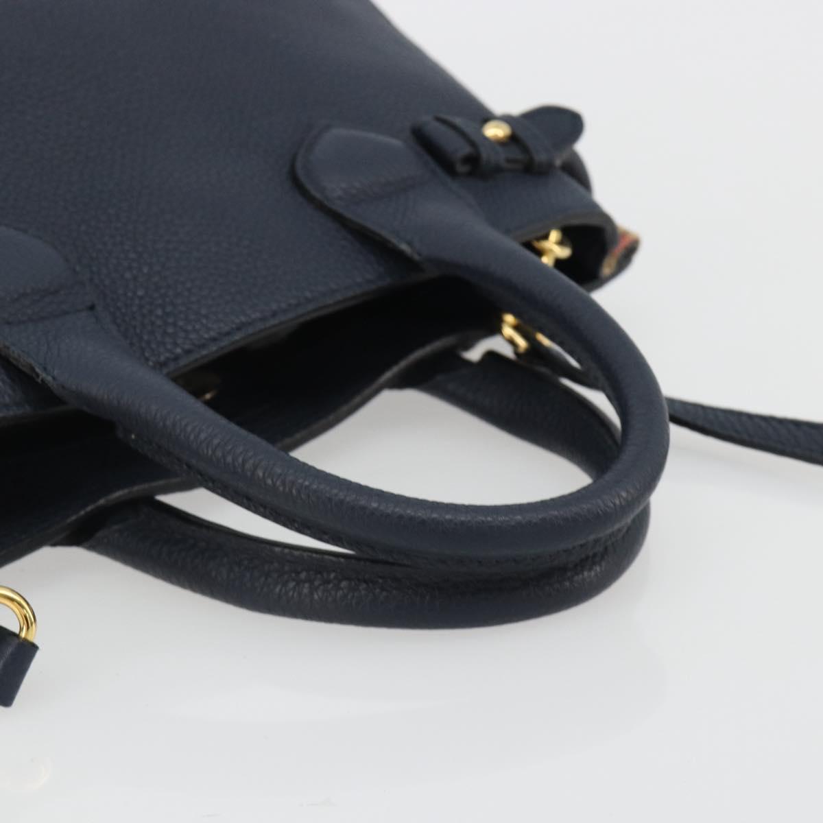 BURBERRY Hand Bag Leather 2way Navy Gold Auth ka5063A