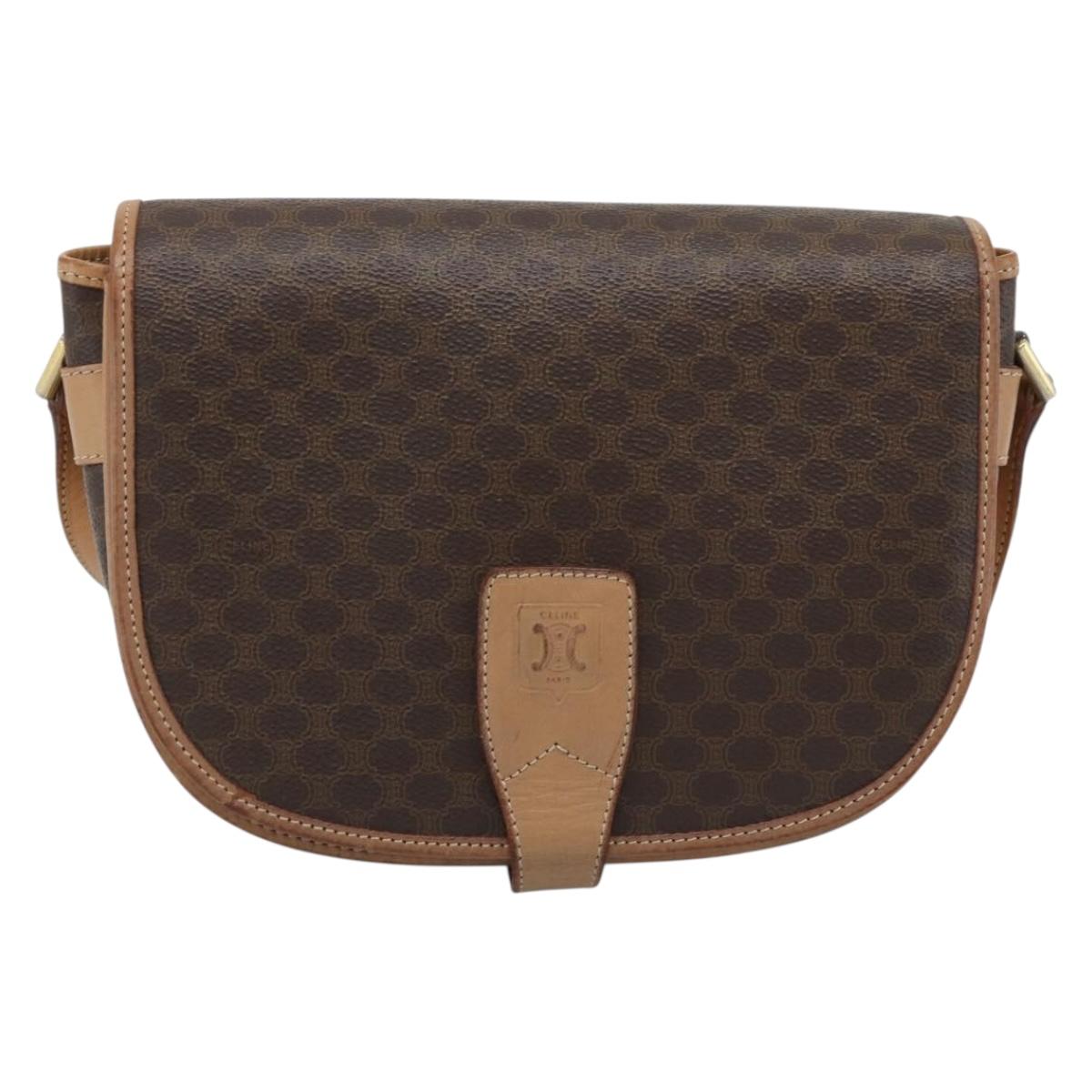 CELINE Macadam Canvas Shoulder Bag PVC Leather Brown Gold Auth ka5079