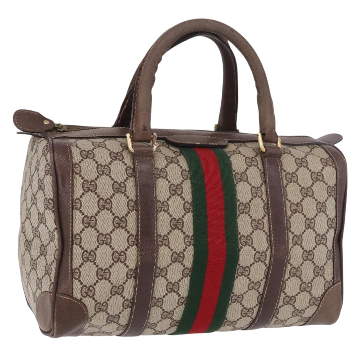 GUCCI GG Supreme Web Sherry Line Boston Bag PVC Beige Gold Auth ka5081