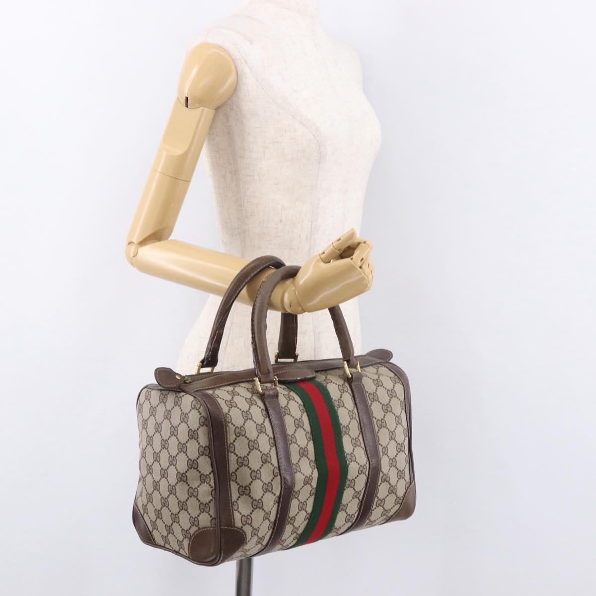 GUCCI GG Supreme Web Sherry Line Boston Bag PVC Beige Gold Auth ka5081