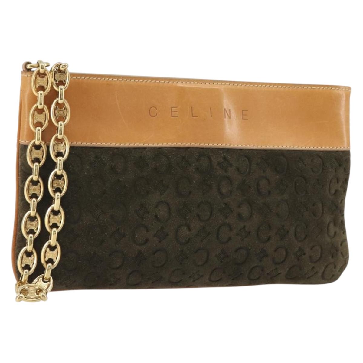 CELINE C Macadam Chain Clutch Bag Suede Brown Gold Auth ka5100A