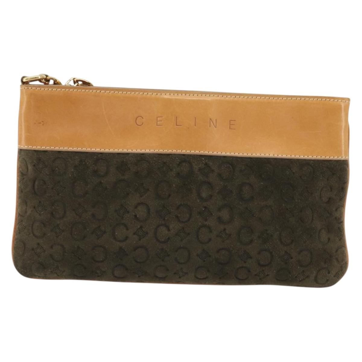 CELINE C Macadam Chain Clutch Bag Suede Brown Gold Auth ka5100A
