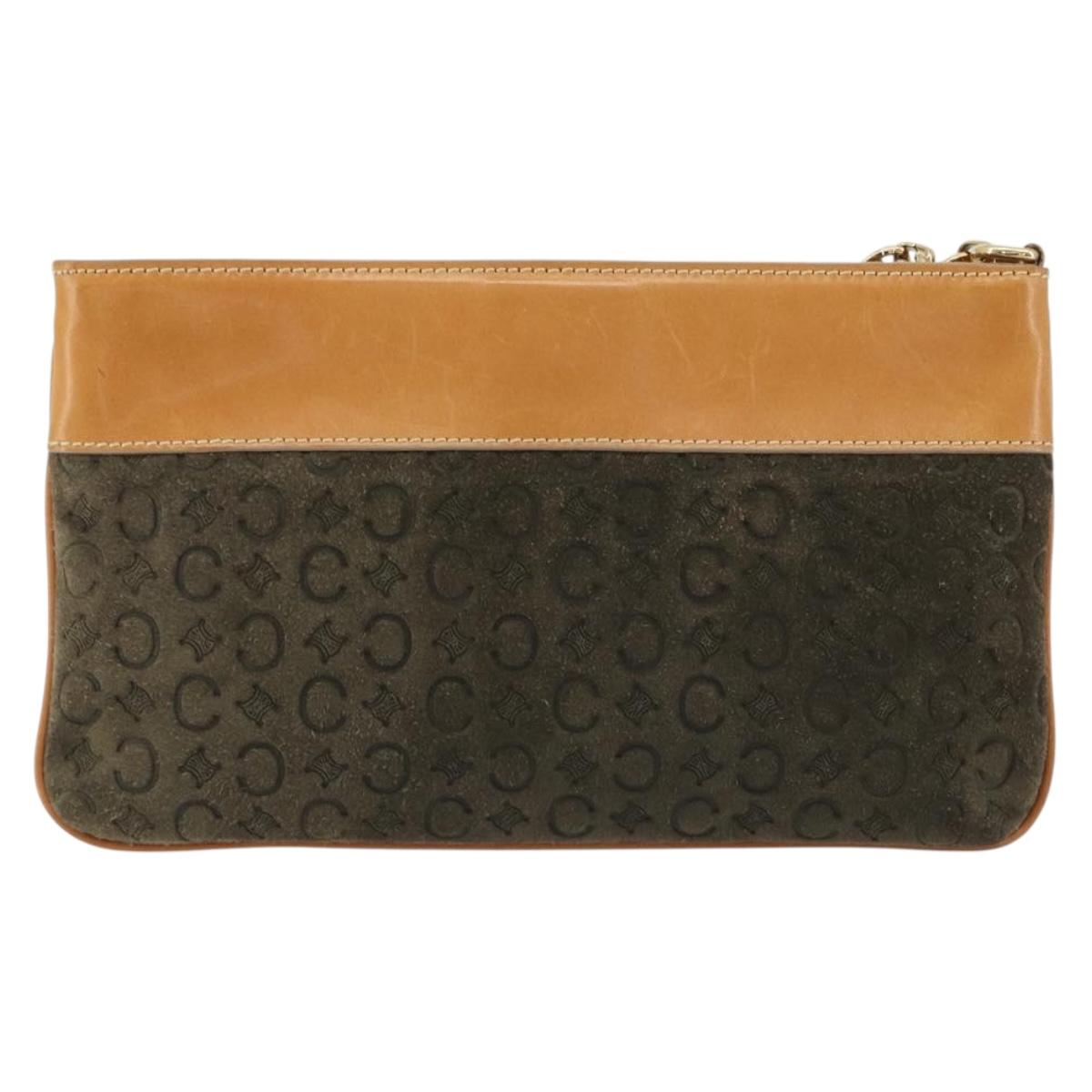 CELINE C Macadam Chain Clutch Bag Suede Brown Gold Auth ka5100A