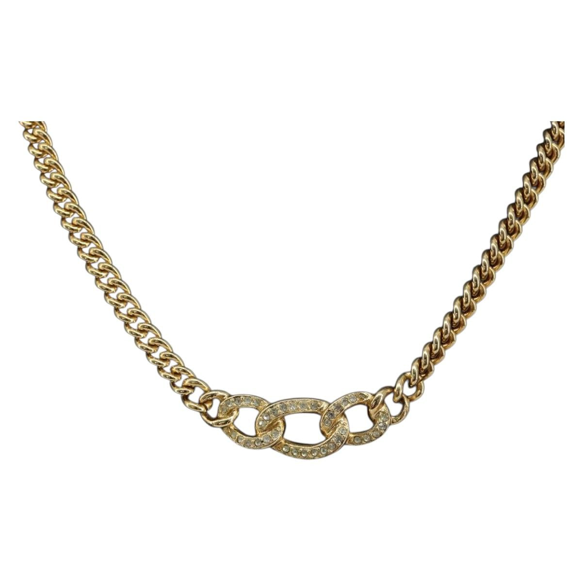 Christian Dior Rhinestone Necklace Metal Gold Tone Auth ka5106
