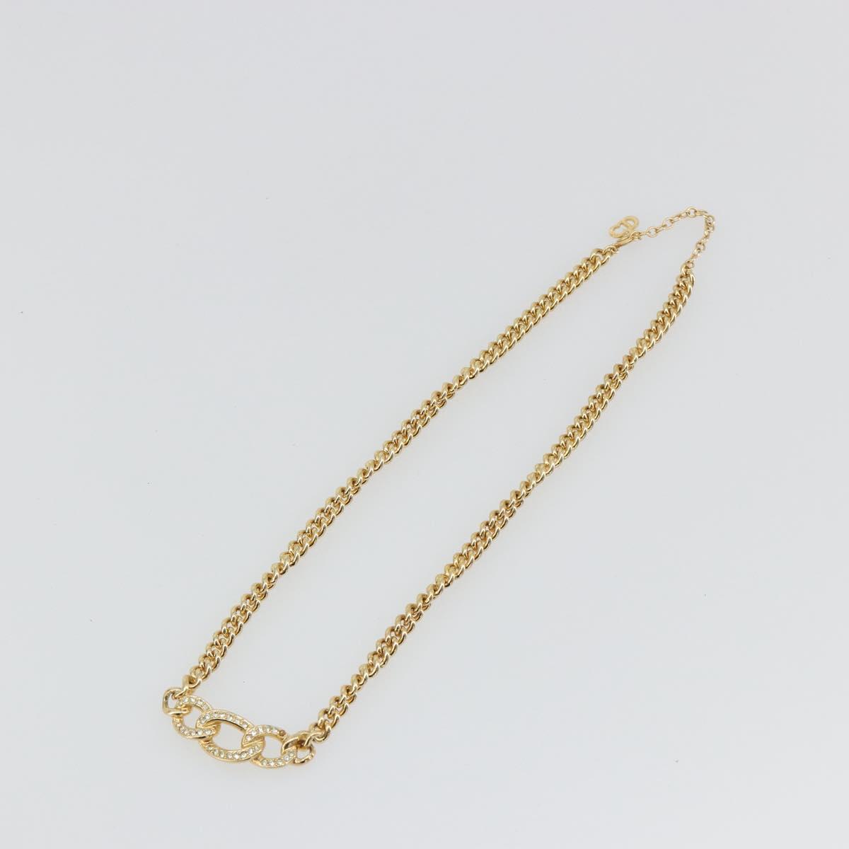 Christian Dior Rhinestone Necklace Metal Gold Tone Auth ka5106