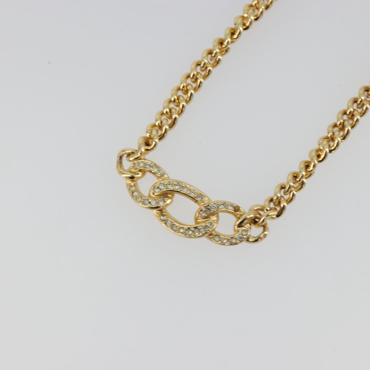 Christian Dior Rhinestone Necklace Metal Gold Tone Auth ka5106
