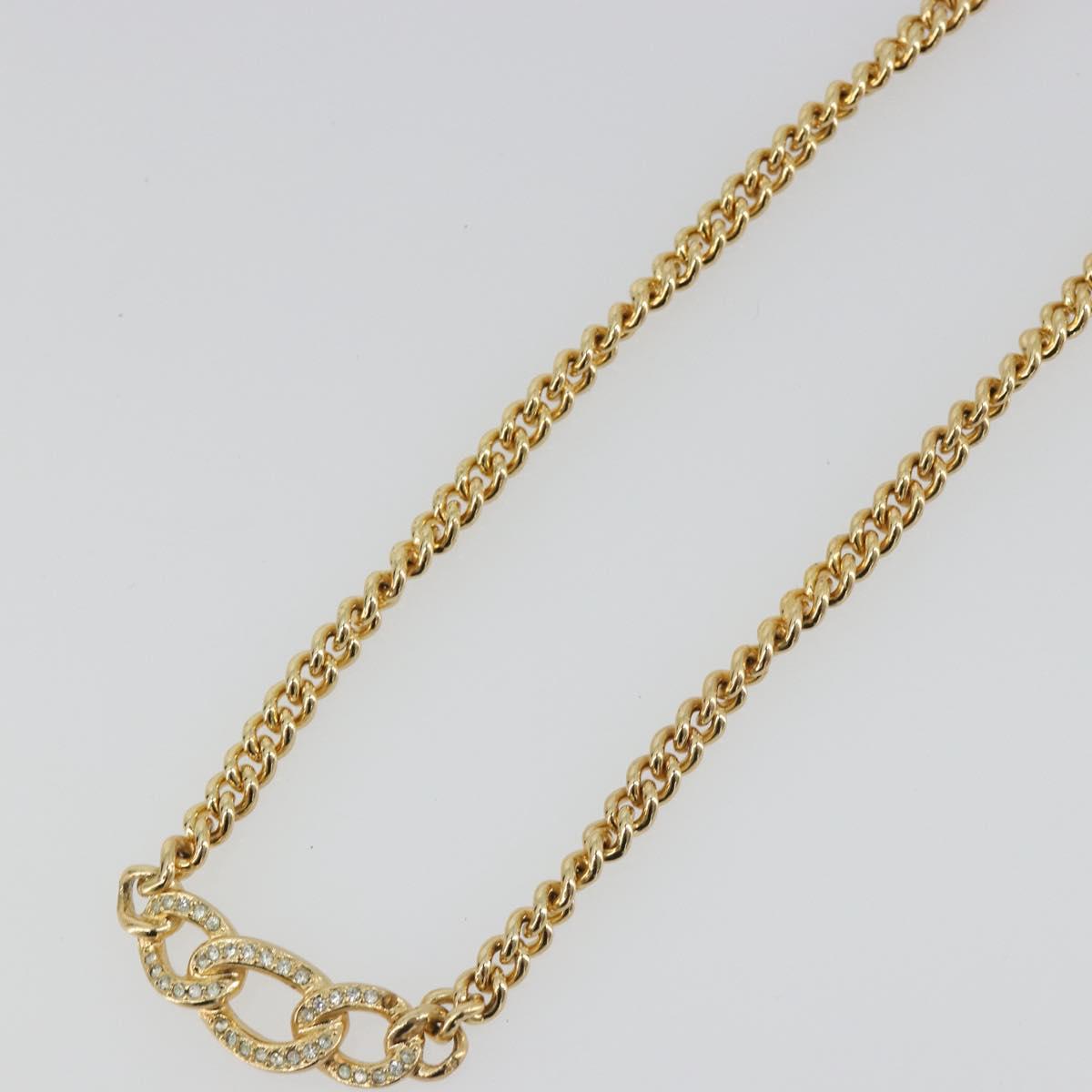Christian Dior Rhinestone Necklace Metal Gold Tone Auth ka5106