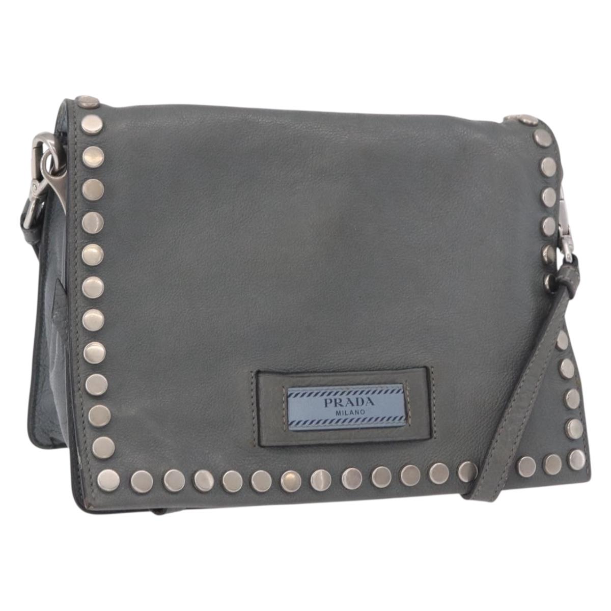 PRADA Shoulder Bag Leather 2way Gray Silver Auth ka5129