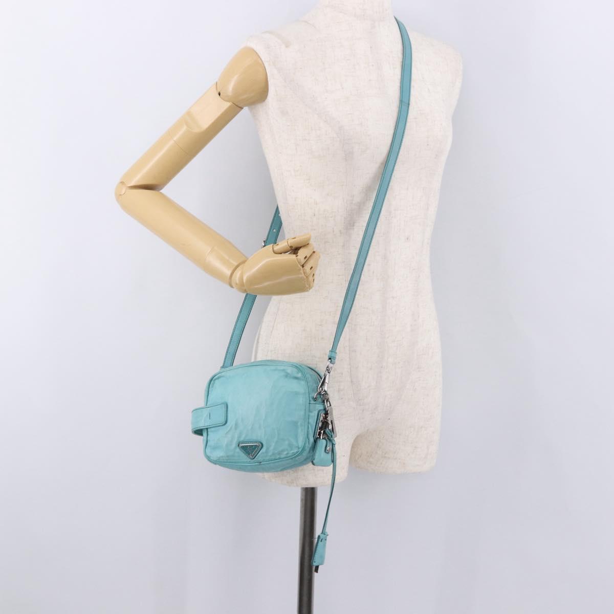 PRADA Shoulder Bag Leather Light Blue Silver Auth ka5130