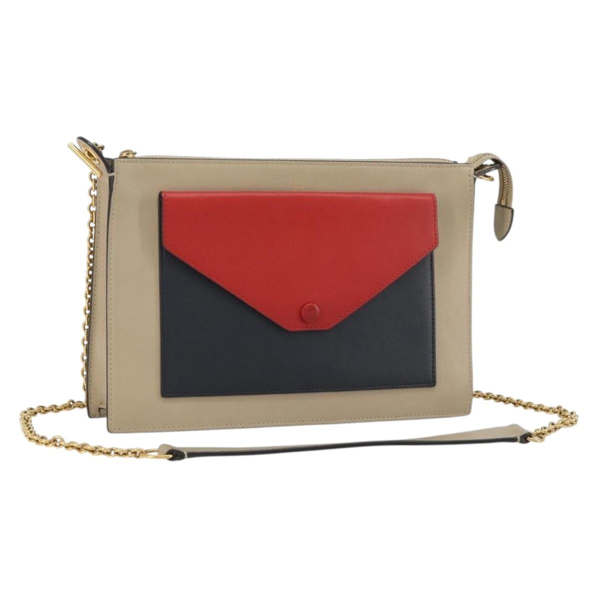 CELINE Chain Shoulder Bag Leather Beige Gold Auth ka5133A