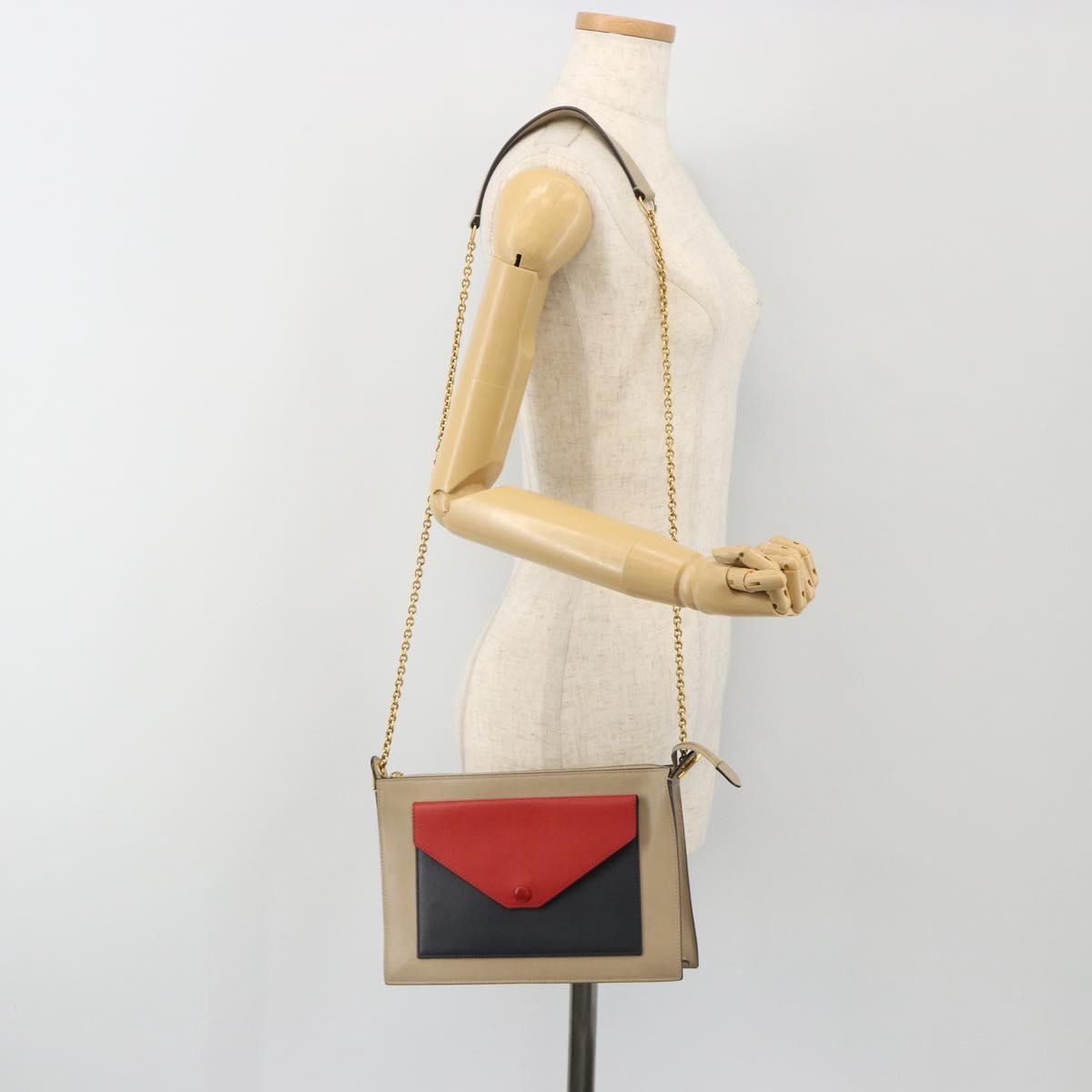 CELINE Chain Shoulder Bag Leather Beige Gold Auth ka5133A