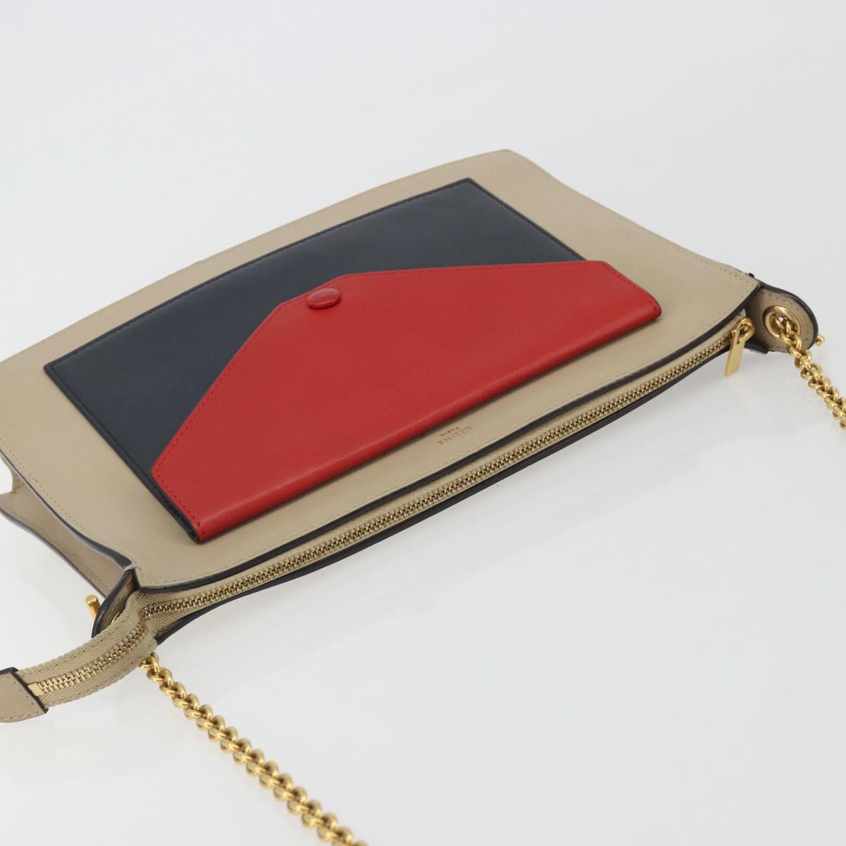 CELINE Chain Shoulder Bag Leather Beige Gold Auth ka5133A