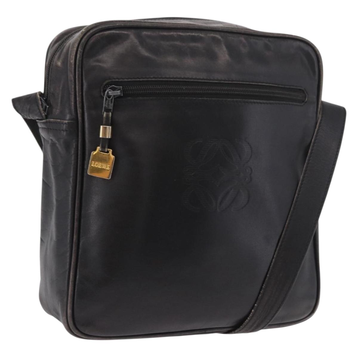 LOEWE Anagram Shoulder Bag Leather Black Gold Auth ka5143