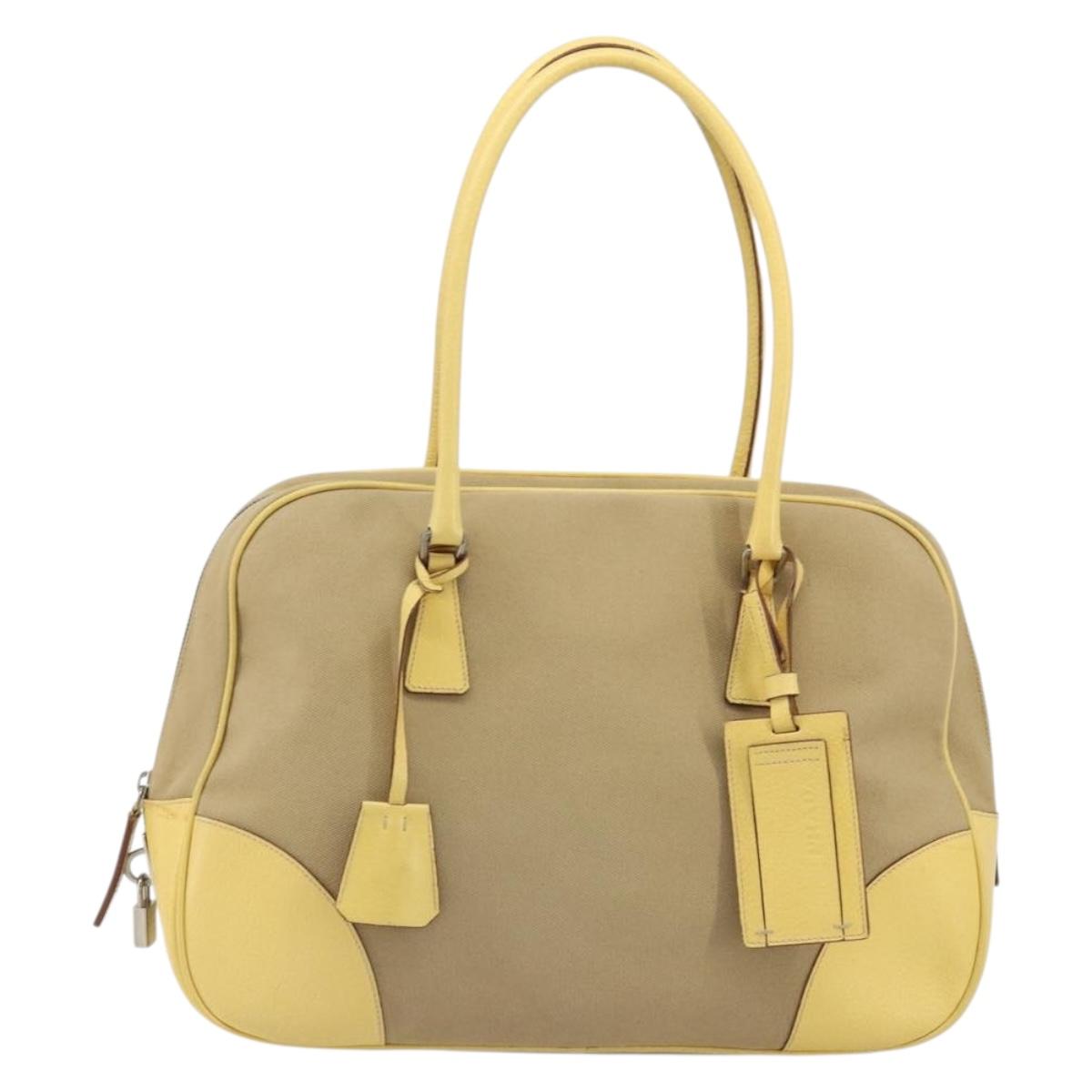 PRADA Hand Bag Canvas Beige Silver Auth ka5146A