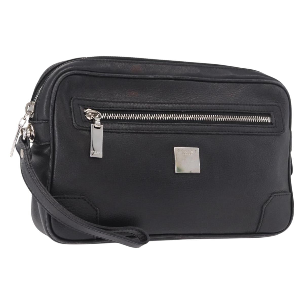 CELINE Clutch Bag Leather Black Silver Auth ka5153