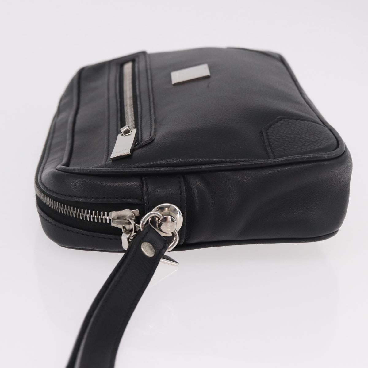 CELINE Clutch Bag Leather Black Silver Auth ka5153