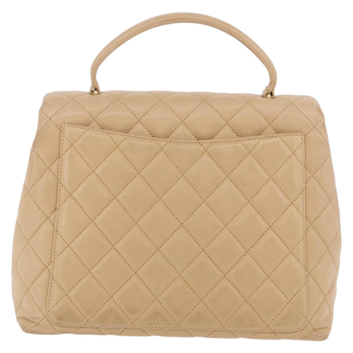 CHANEL Matelasse Hand Bag Lamb Skin Beige Gold CC Auth ka5163V