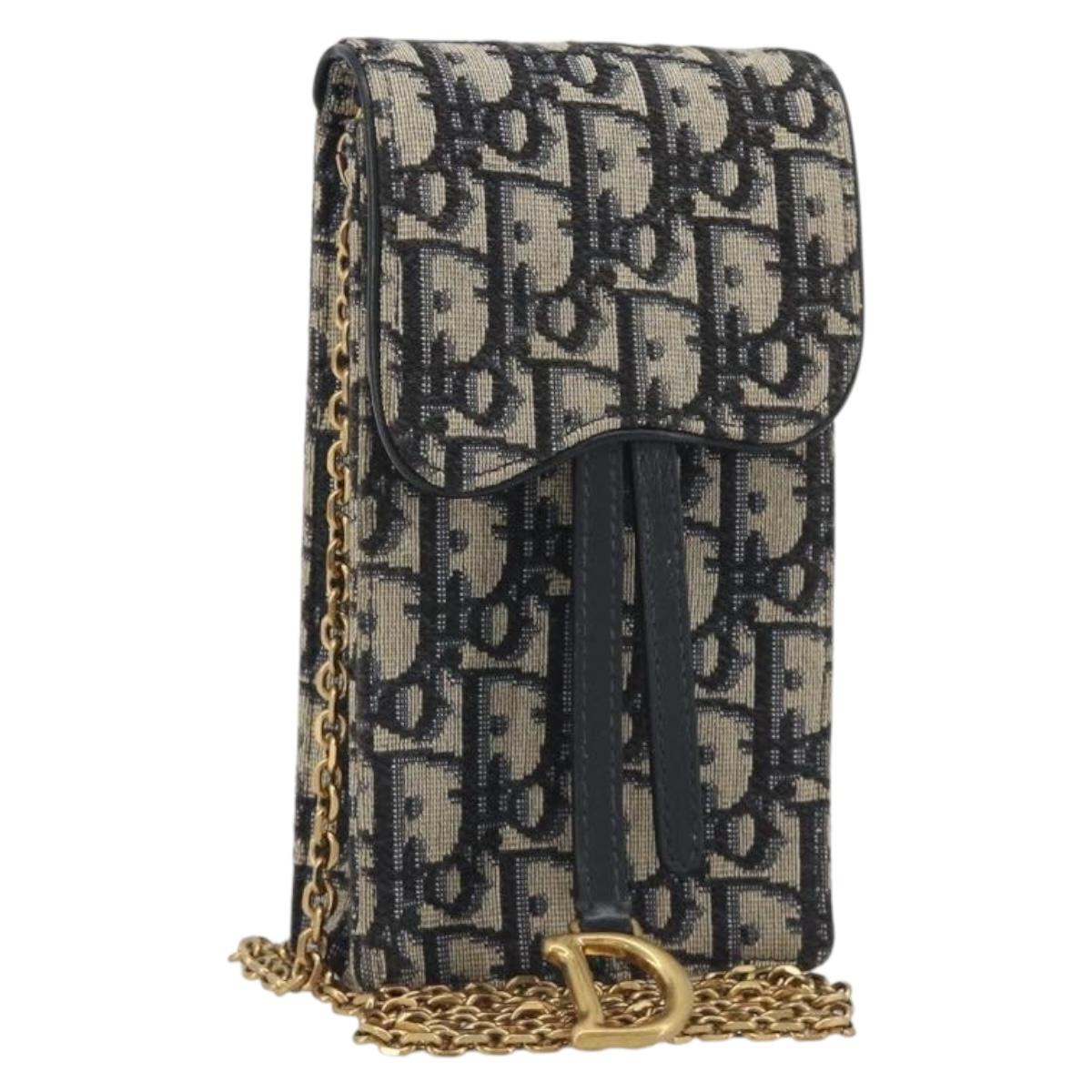 Christian Dior Trotter Chain Saddle Shoulder Bag Canvas Navy Auth ka5168V