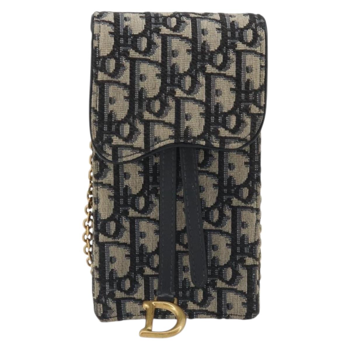Christian Dior Trotter Chain Saddle Shoulder Bag Canvas Navy Auth ka5168V
