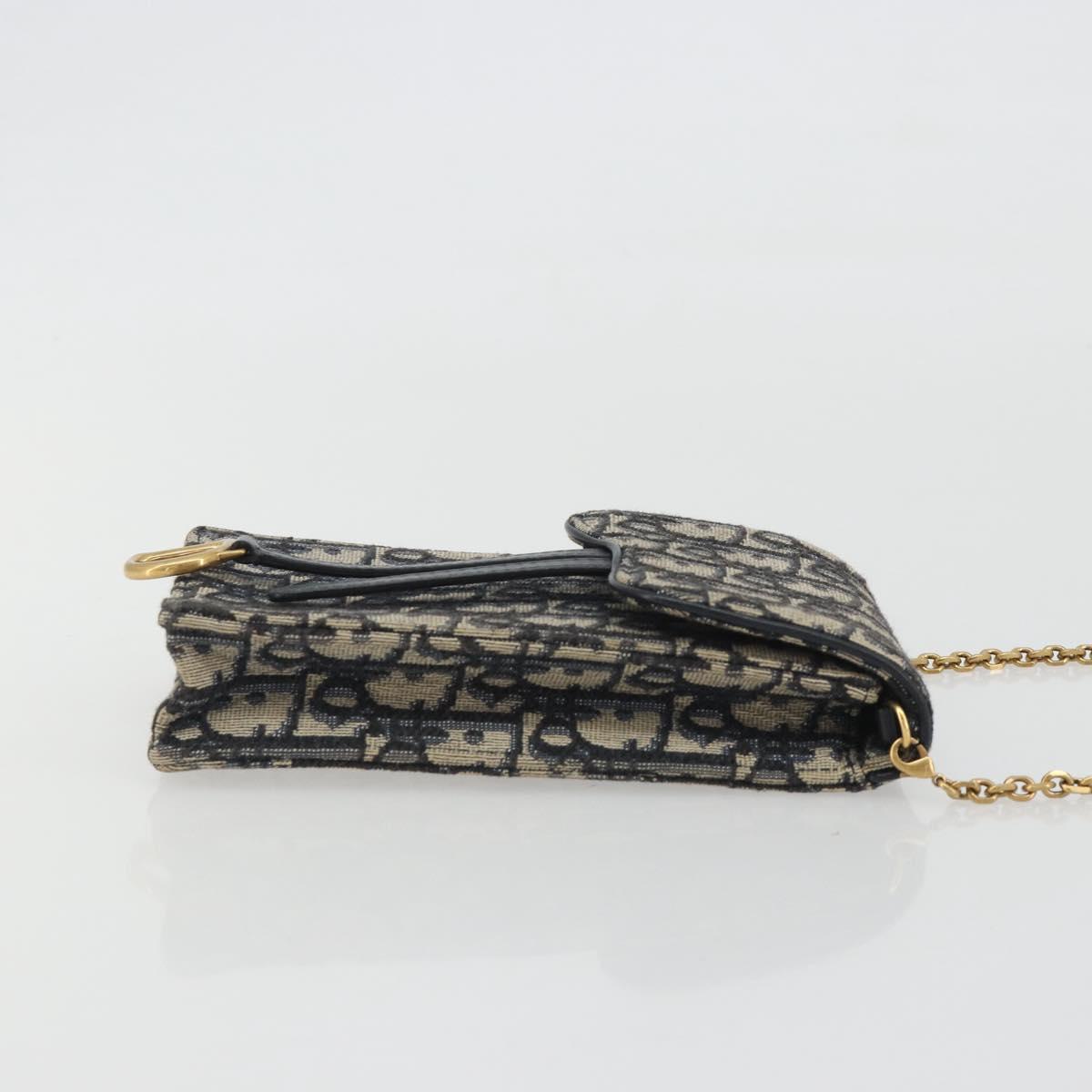 Christian Dior Trotter Chain Saddle Shoulder Bag Canvas Navy Auth ka5168V