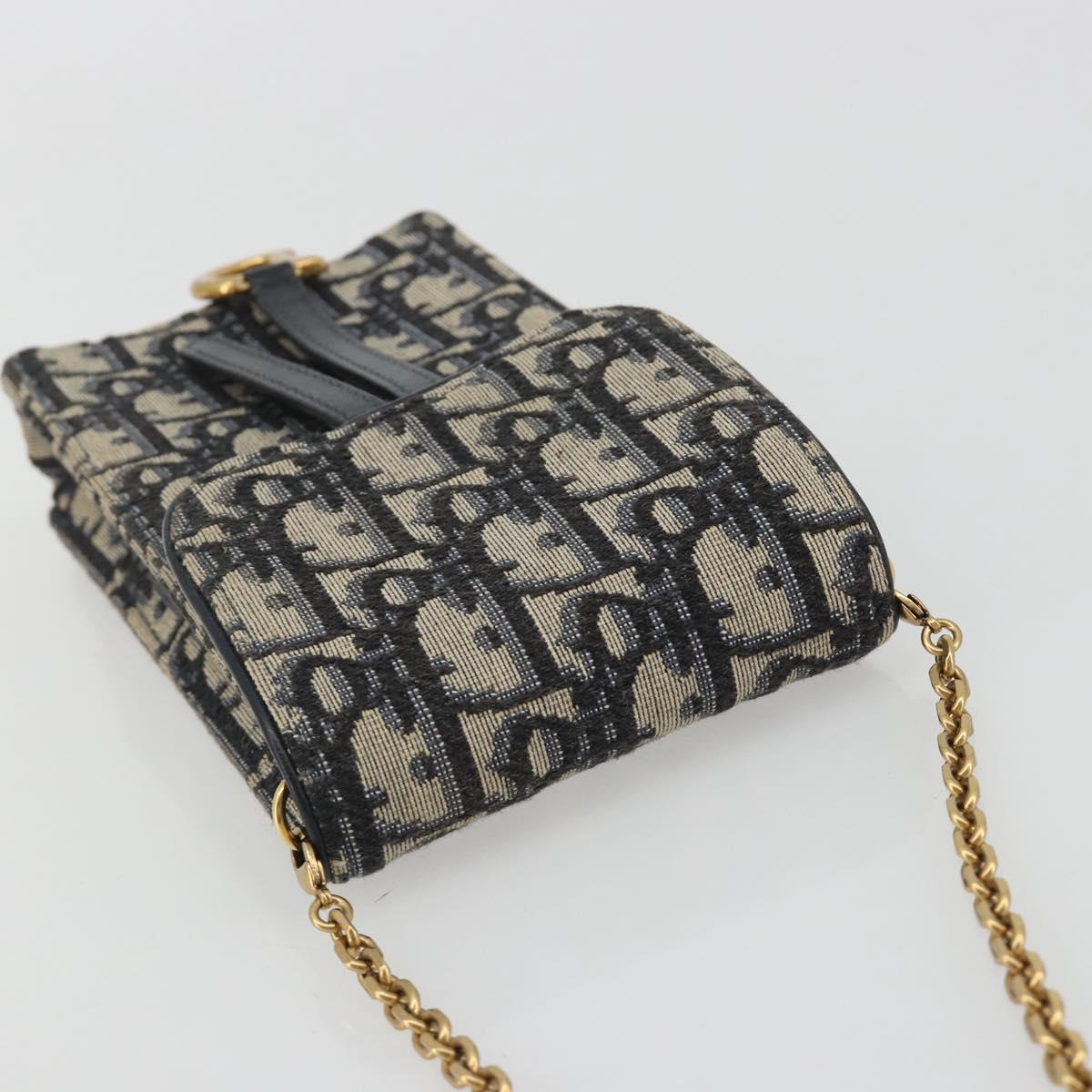 Christian Dior Trotter Chain Saddle Shoulder Bag Canvas Navy Auth ka5168V