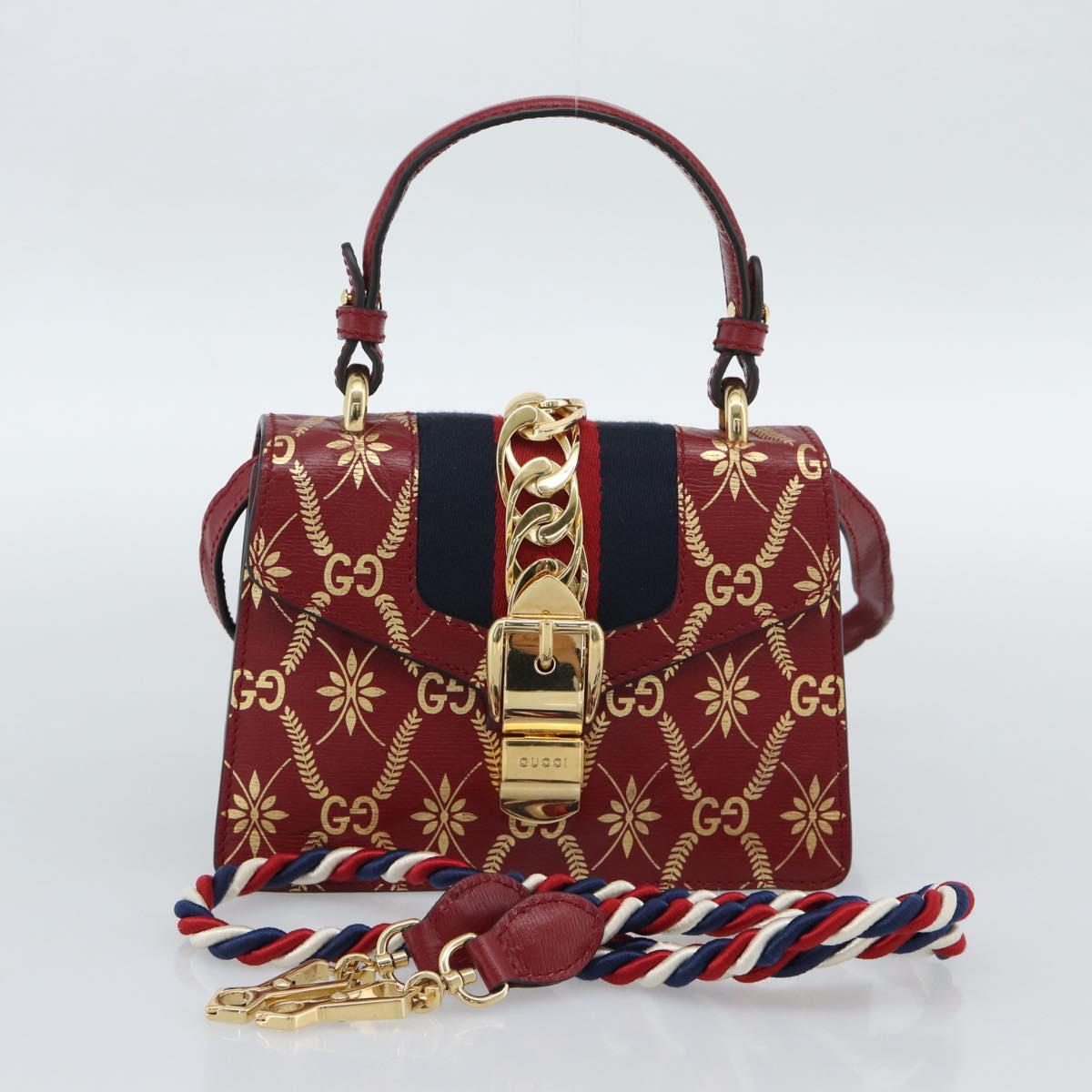 GUCCI Silvi Hand Bag Leather 2way Red Gold 470270 Auth ka5187A