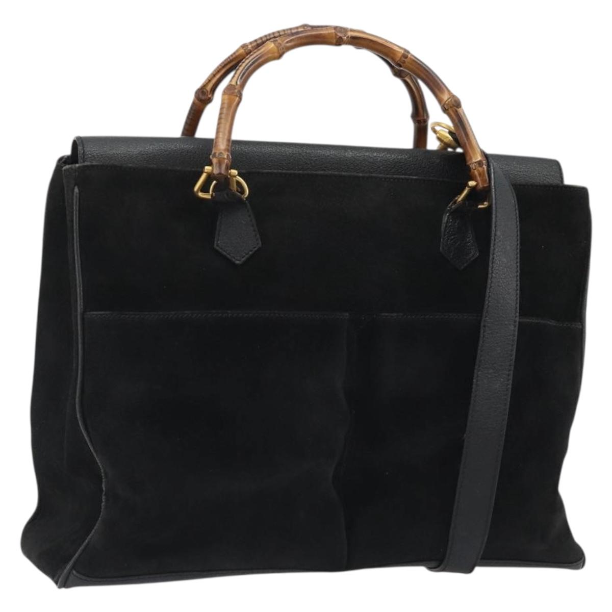 GUCCI Bamboo Hand Bag Suede 2way Black Gold 002 2855 Auth ka5206