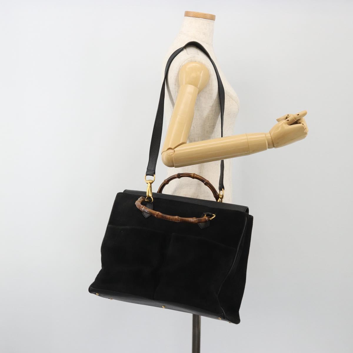 GUCCI Bamboo Hand Bag Suede 2way Black Gold 002 2855 Auth ka5206