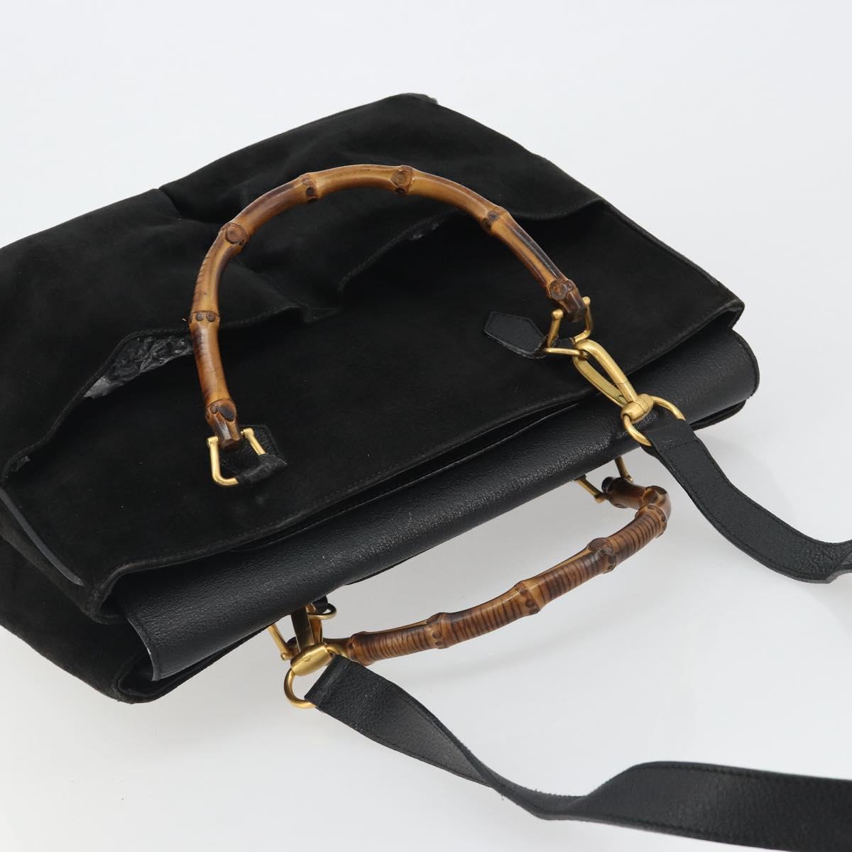 GUCCI Bamboo Hand Bag Suede 2way Black Gold 002 2855 Auth ka5206