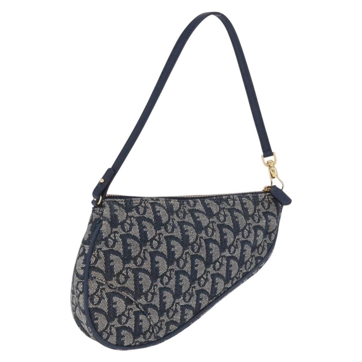 Christian Dior Trotter Canvas Saddle Pouch Navy Gold Auth ka5217