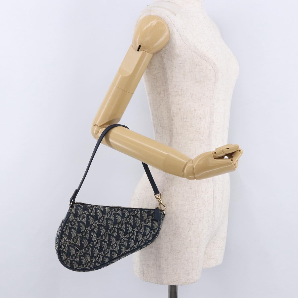 Christian Dior Trotter Canvas Saddle Pouch Navy Gold Auth ka5217