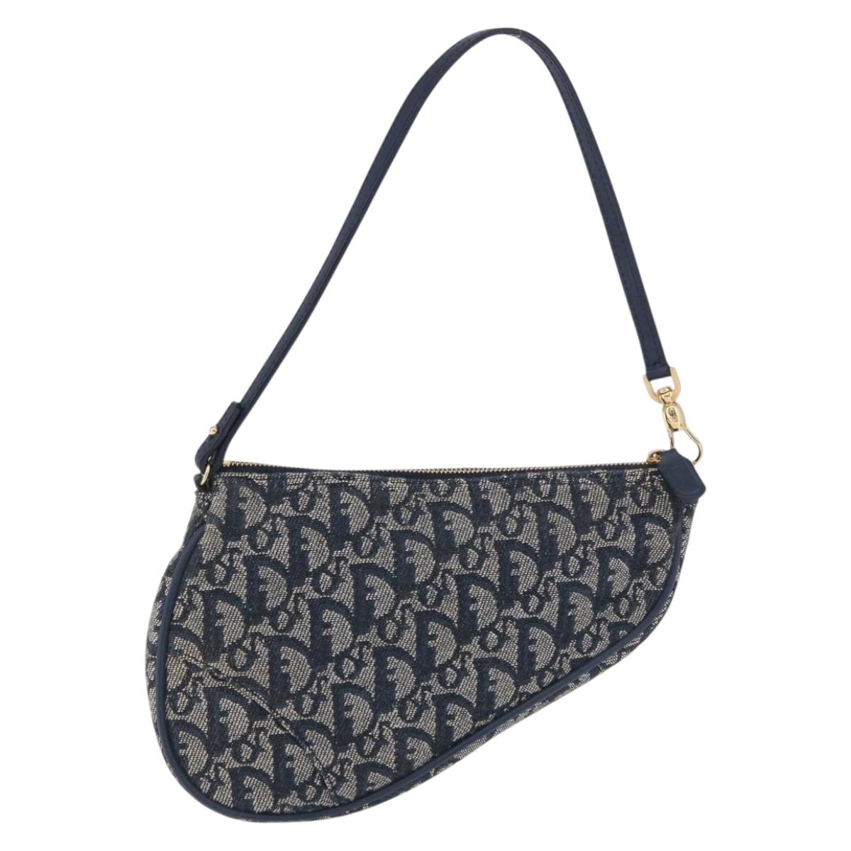 Christian Dior Trotter Canvas Saddle Pouch Navy Gold Auth ka5217