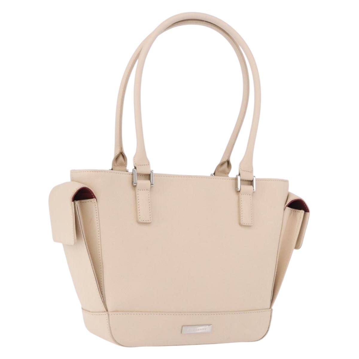 BURBERRY Hand Bag Leather Beige Silver Auth ka5220A