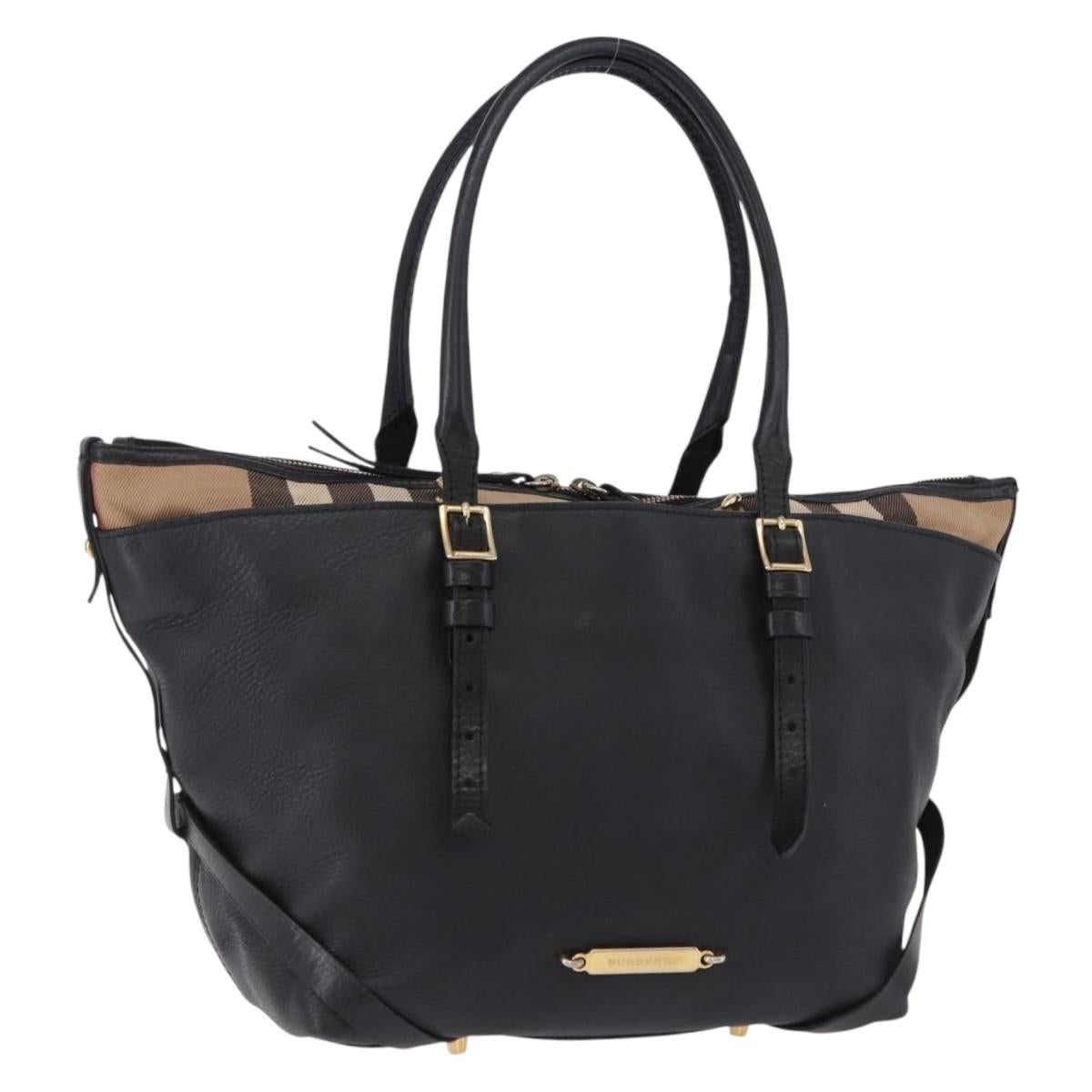 BURBERRY Hand Bag Leather Gold Black Auth ka5221