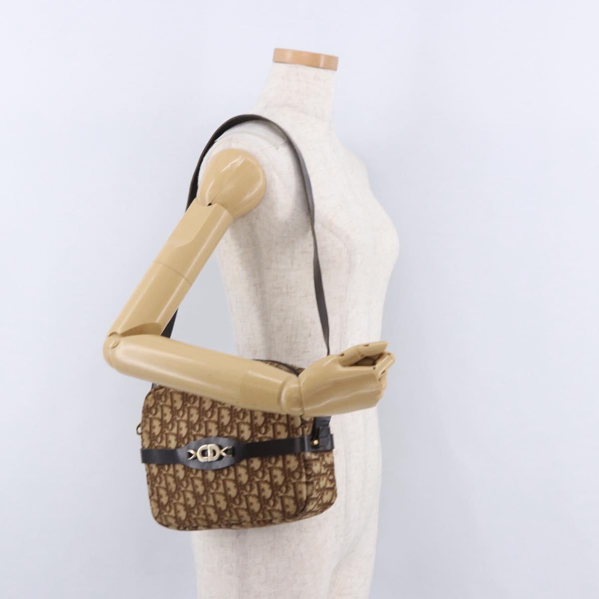 Christian Dior Trotter Canvas Shoulder Bag Beige Gold Auth ka5228
