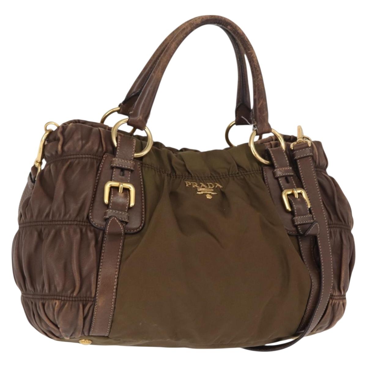 PRADA Hand Bag Nylon 2way Khaki Gold Auth ka523