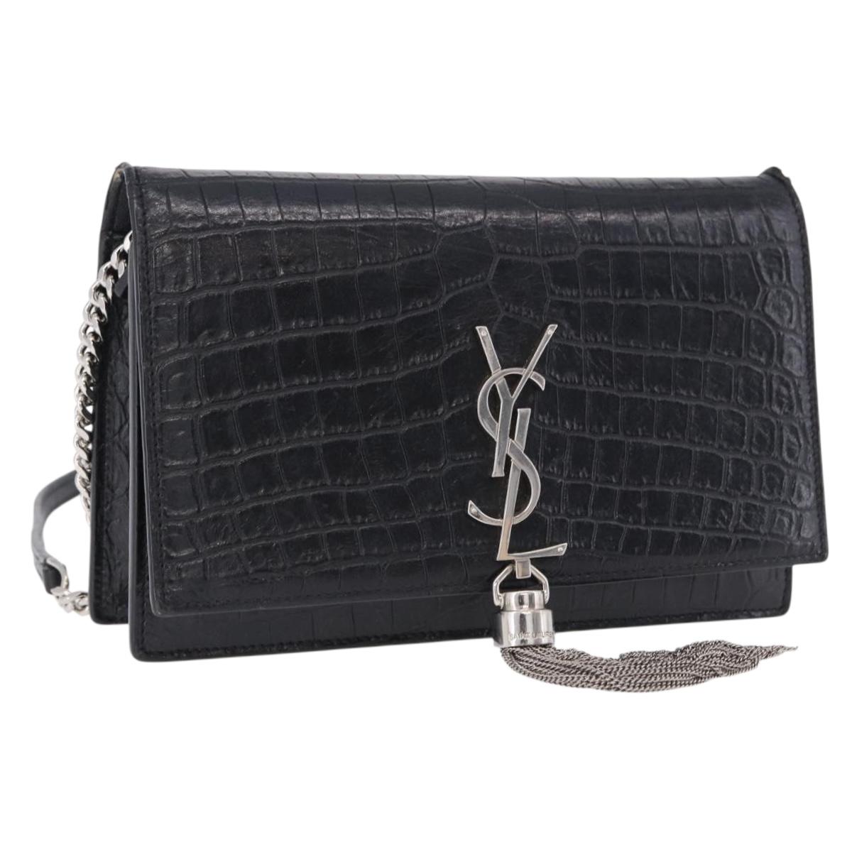 SAINT LAURENT Kate Tassel Chain Bag Leather embossed Black Silver Auth ka5230A