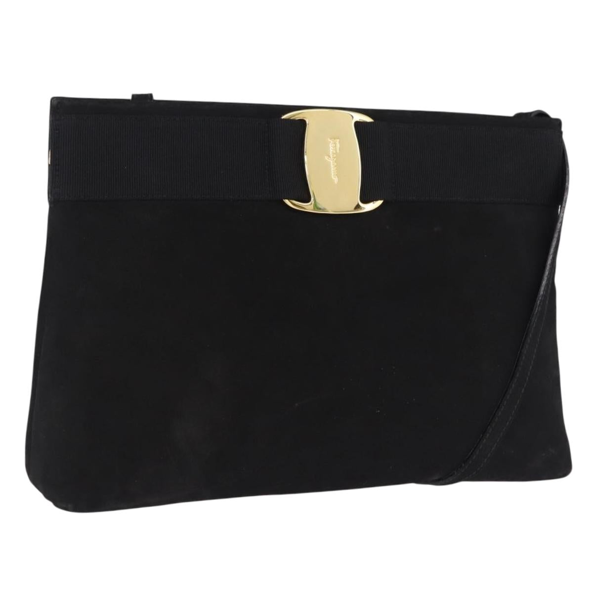 Salvatore Ferragamo Vala Shoulder Bag Suede Black Gold Auth ka5242