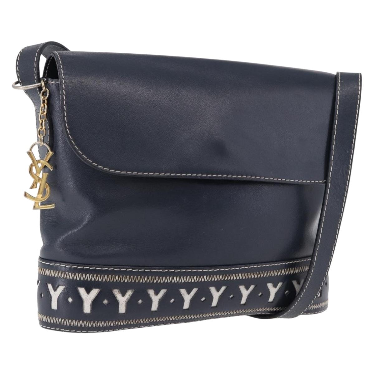 SAINT LAURENT Shoulder Bag Leather Navy Gold Auth ka5243A