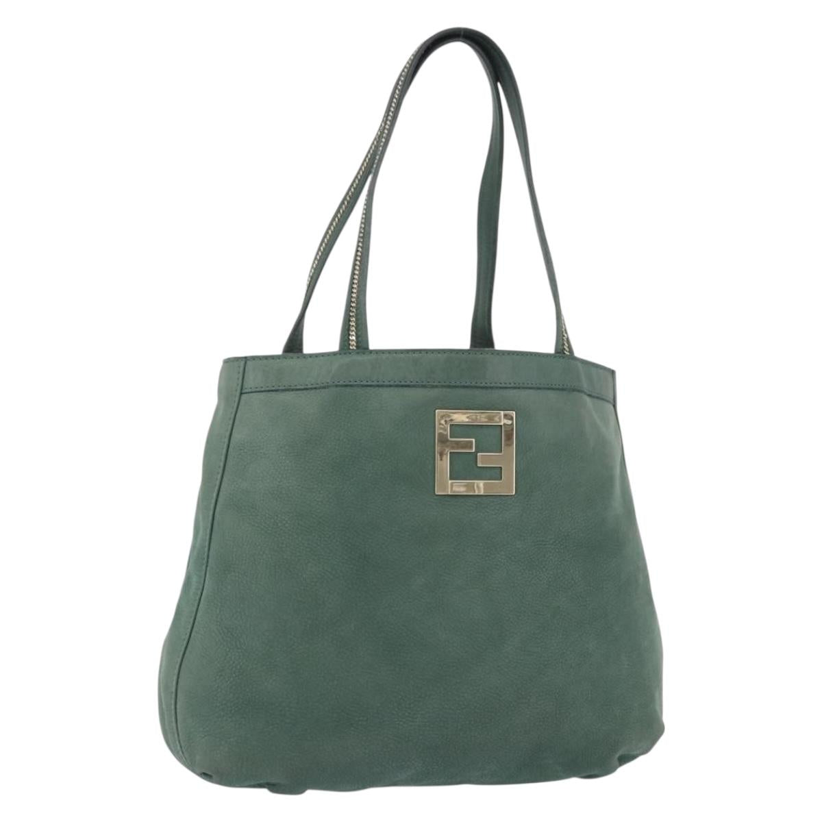 FENDI Hand Bag Leather Green Gold Auth ka5255