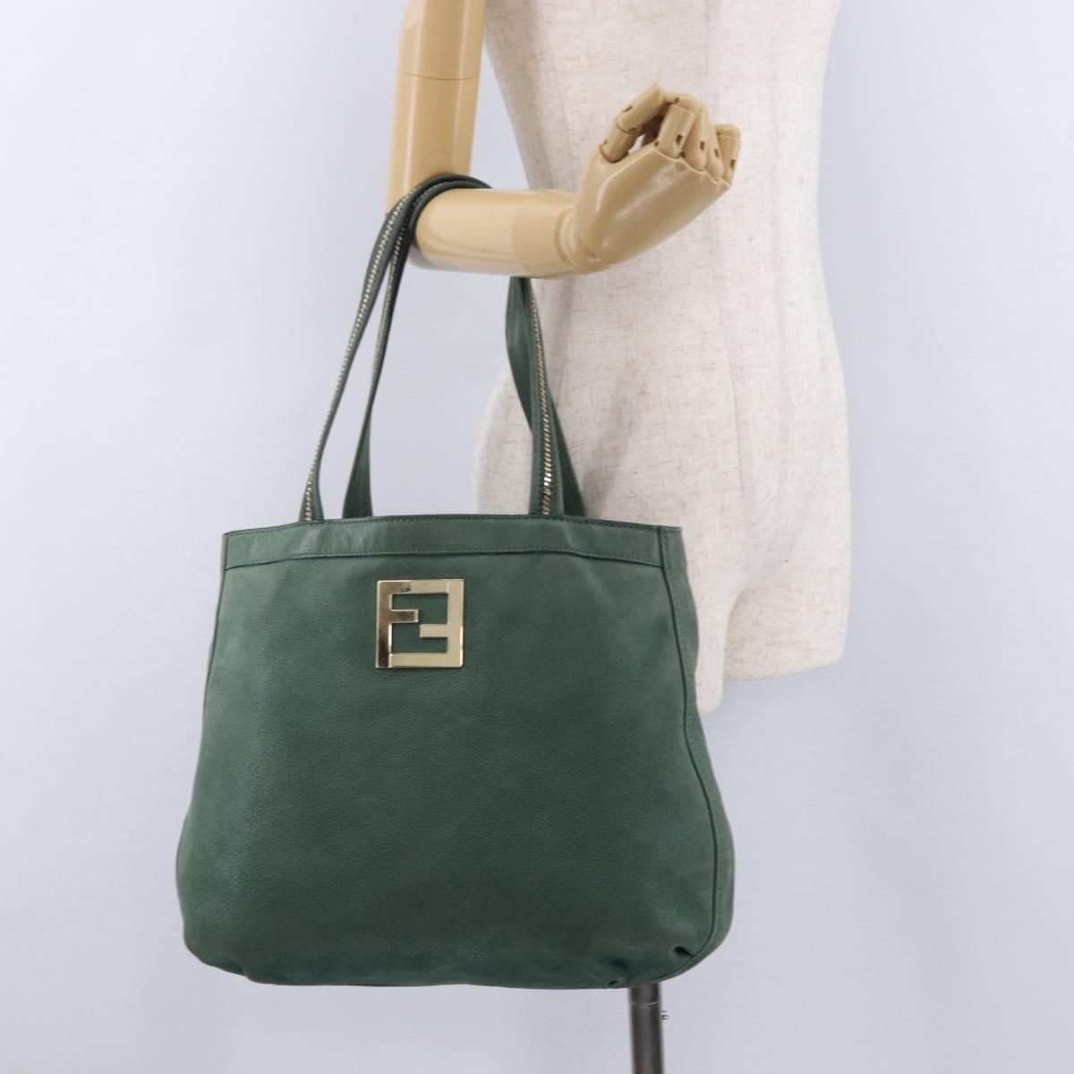 FENDI Hand Bag Leather Green Gold Auth ka5255