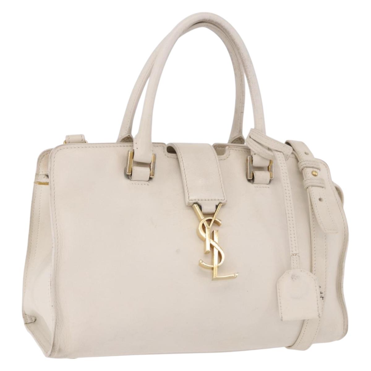 SAINT LAURENT Leather Baby Kabas Hand Bag 2way Beige Gold Auth ka5267