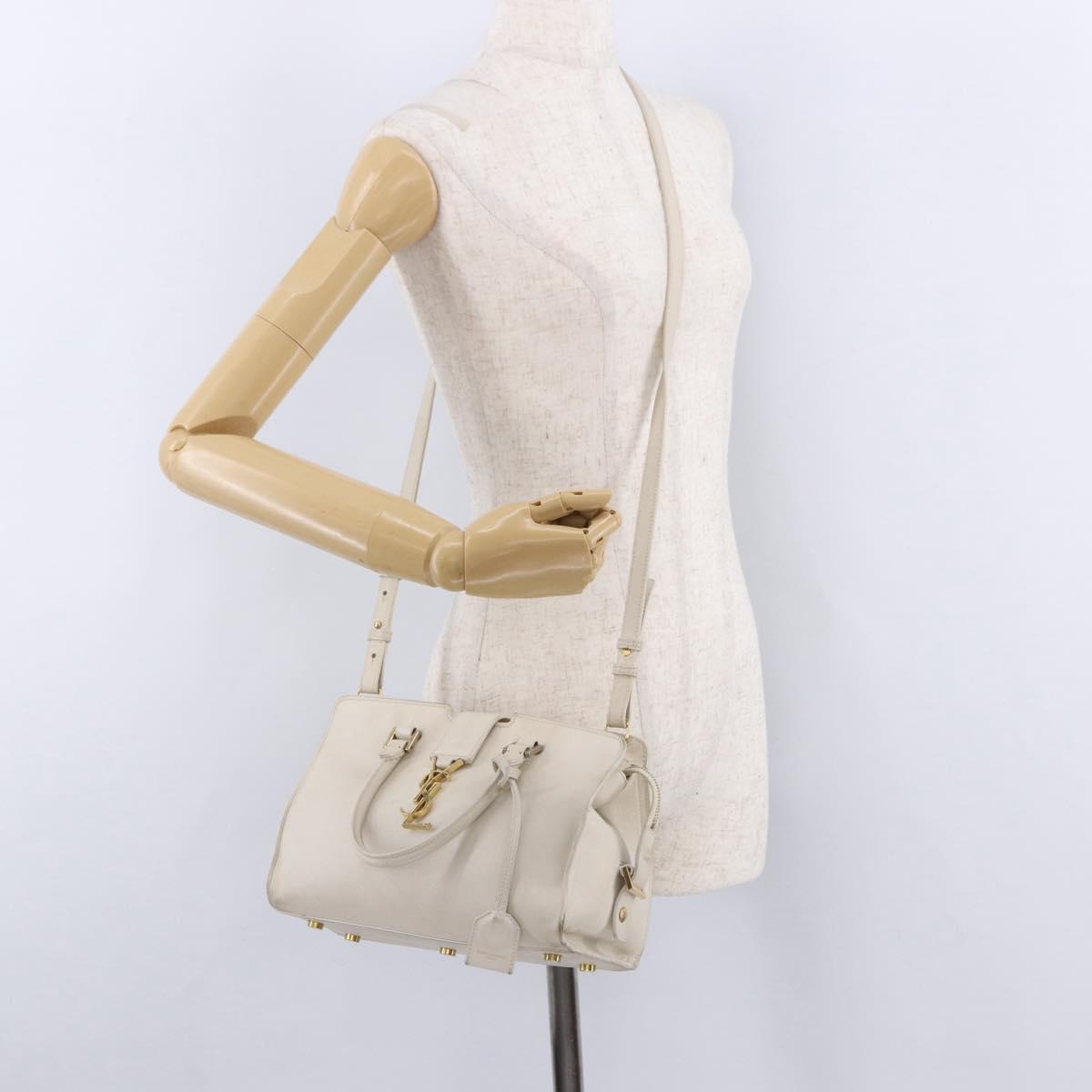 SAINT LAURENT Leather Baby Kabas Hand Bag 2way Beige Gold Auth ka5267