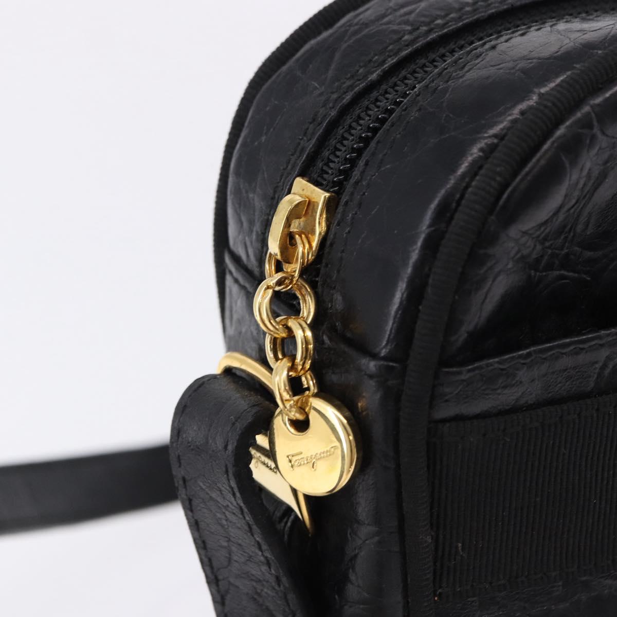Salvatore Ferragamo Vala Shoulder Bag Leather Embossed Black Gold Auth ka5282